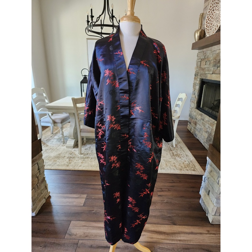 Golden Dragon Black Red Satin Kimono Robe XL Floral Bamboo Asian
